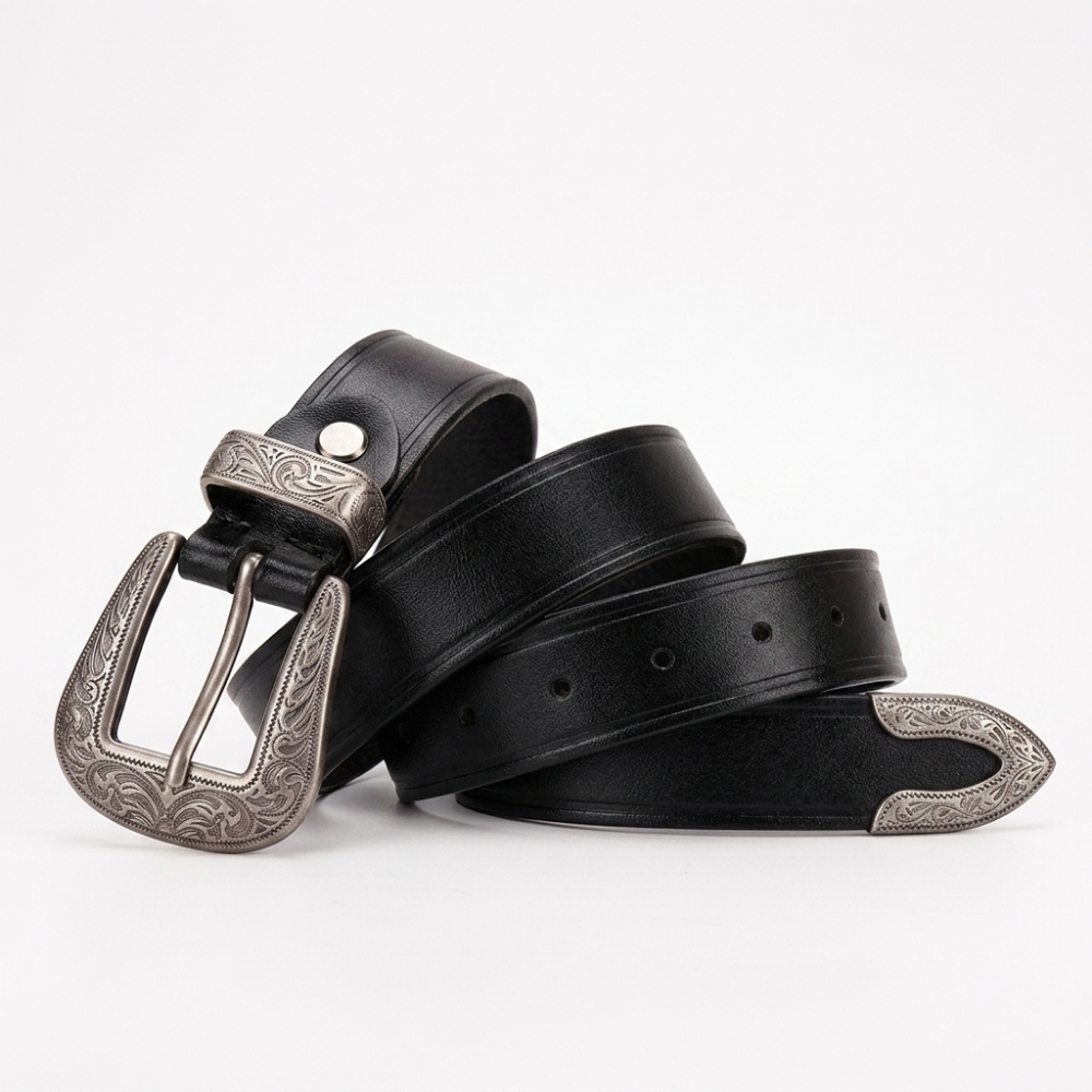 Westward – Engraved Buckle Leather Belt — Black