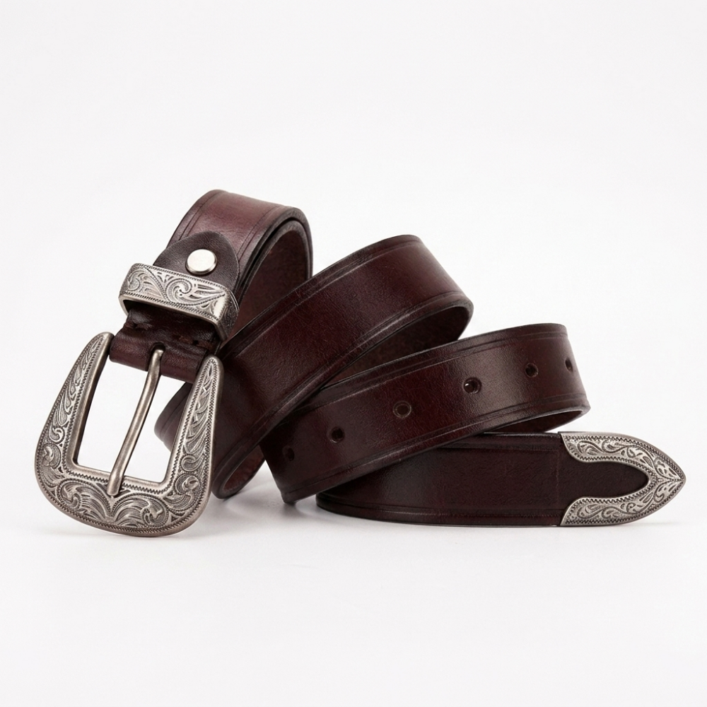 Westward – Engraved Buckle Leather Belt — Brown