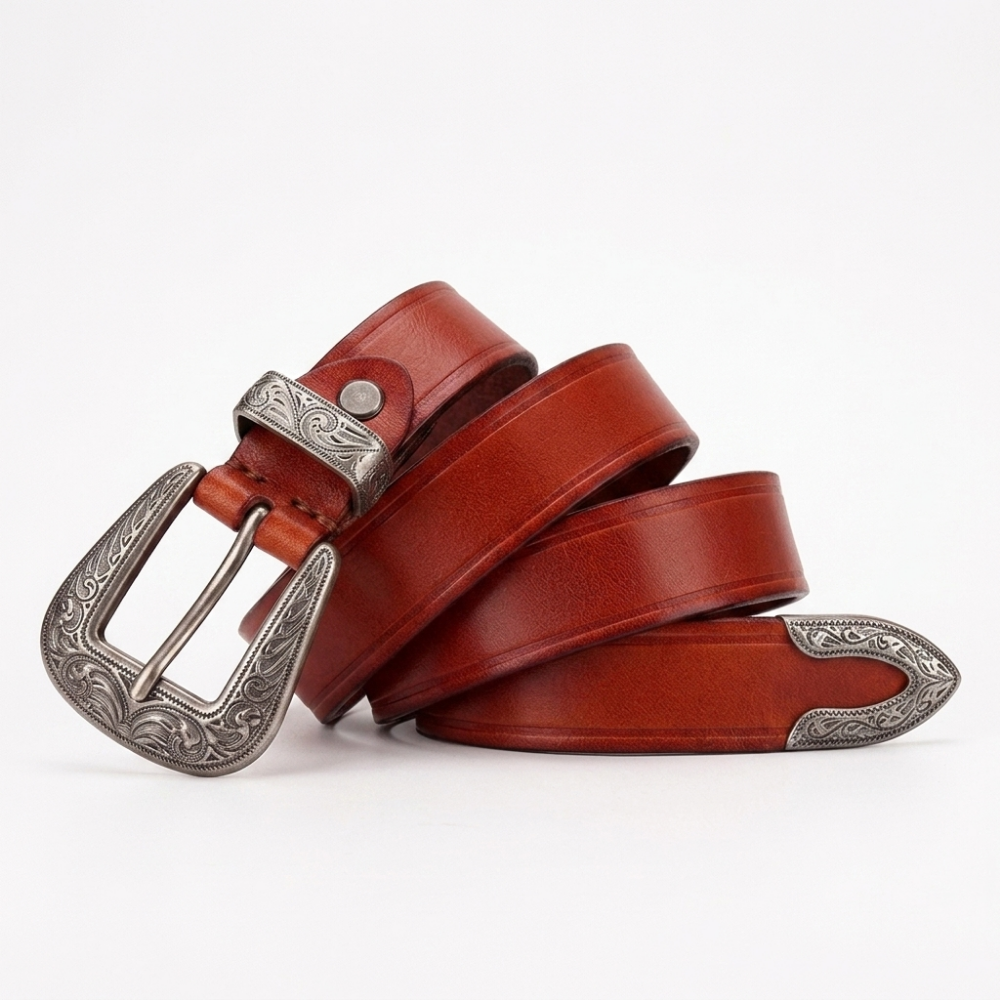 Westward – Engraved Buckle Leather Belt — Reddish Brown