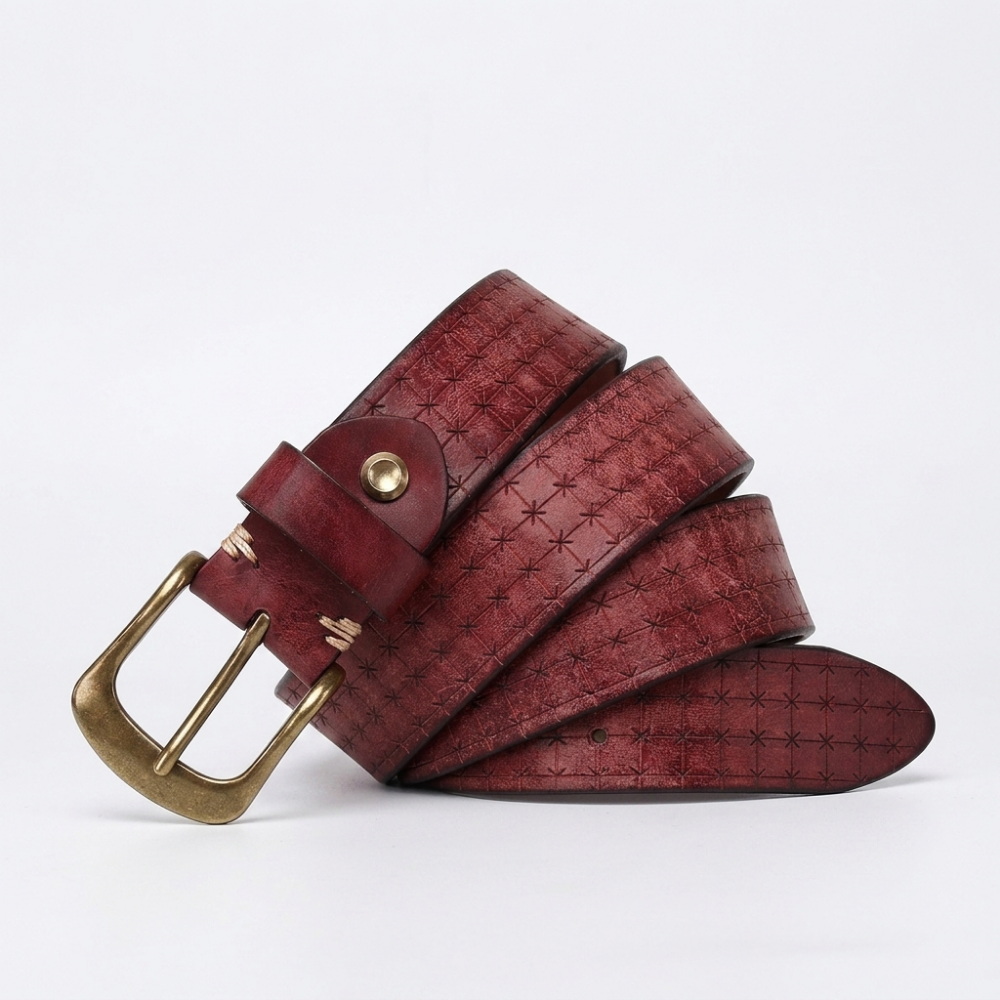 Malvern – Embossed Pin Buckle Leather Belt — Burgundy