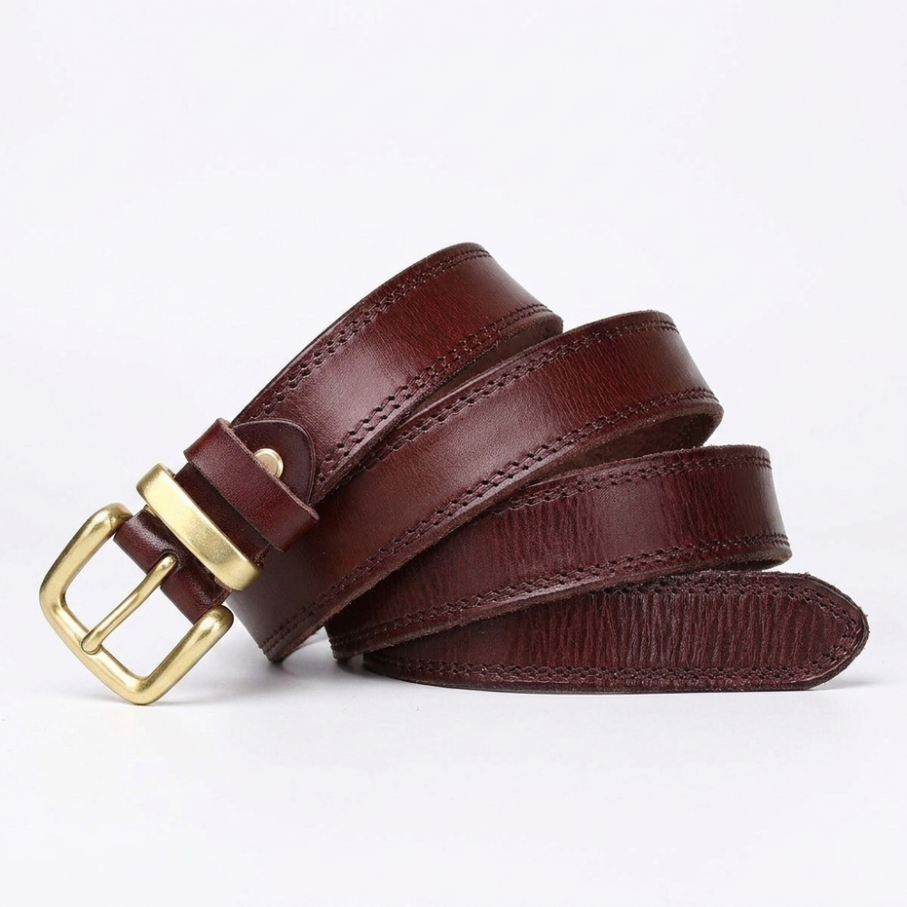 Eldermoss – Stitched Leather Belt — Dark Brown