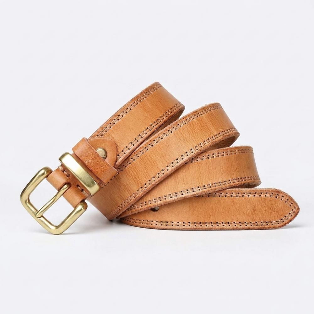 Eldermoss – Stitched Leather Belt — Khaki