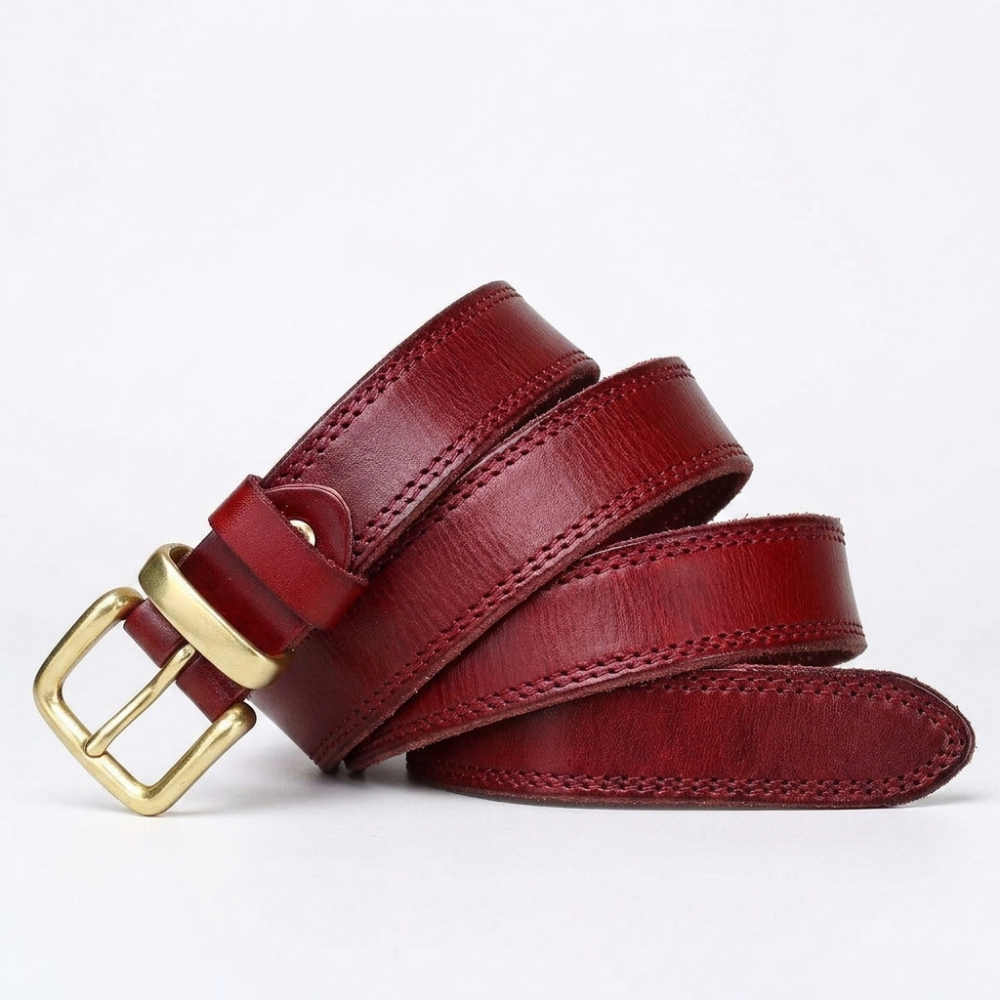 Eldermoss – Stitched Leather Belt — Wine Red