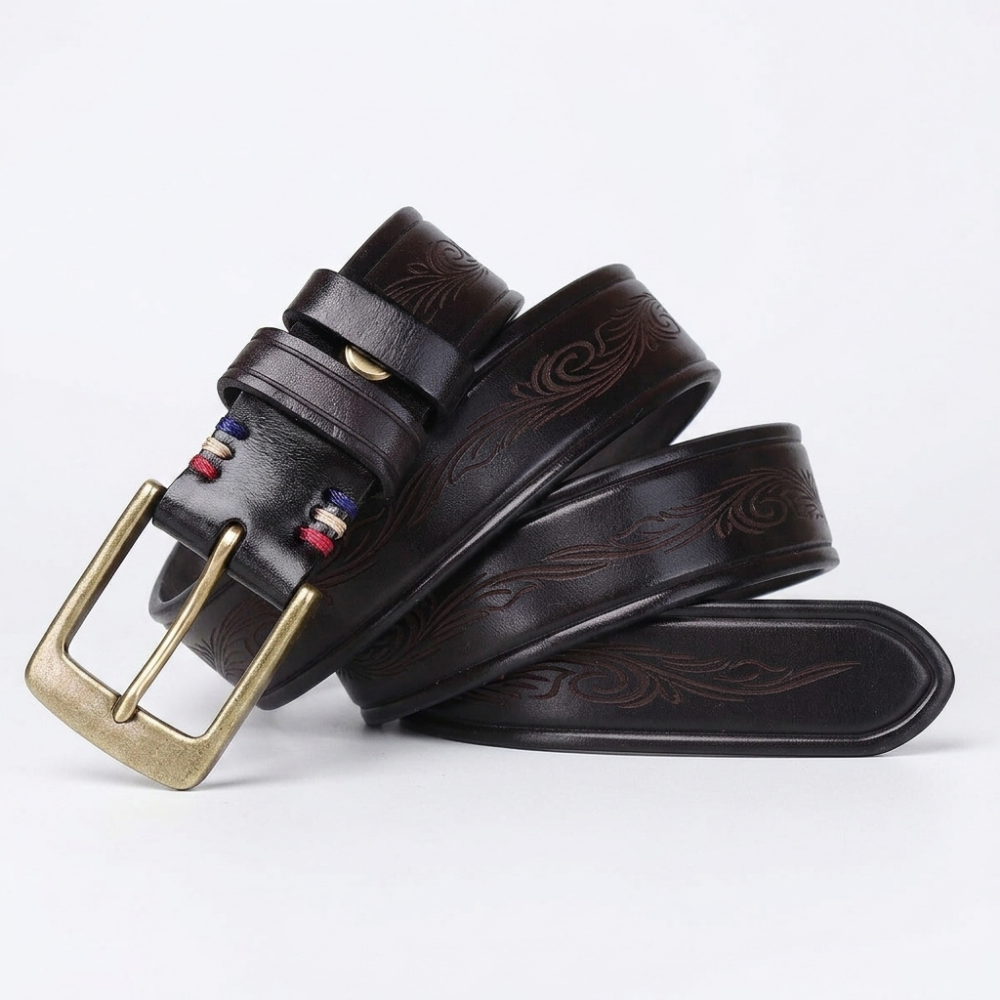 Bancroft – Engraved Copper Leather Belt — Black