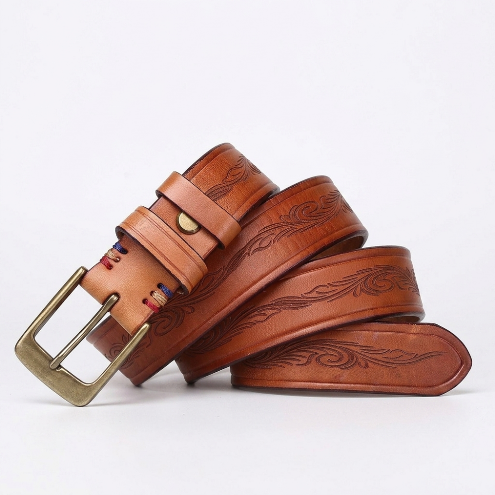 Bancroft – Engraved Copper Leather Belt — Cognac