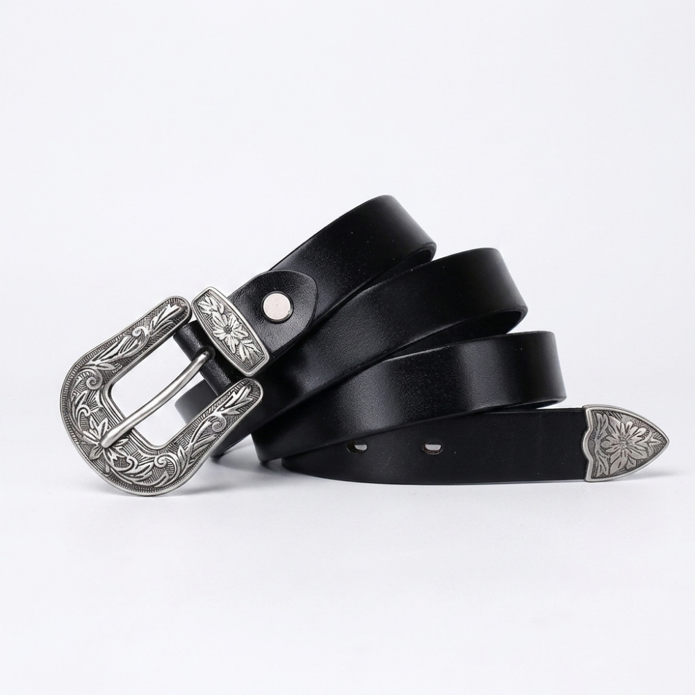 Galloway – Engraved Buckle Leather Belt — Black