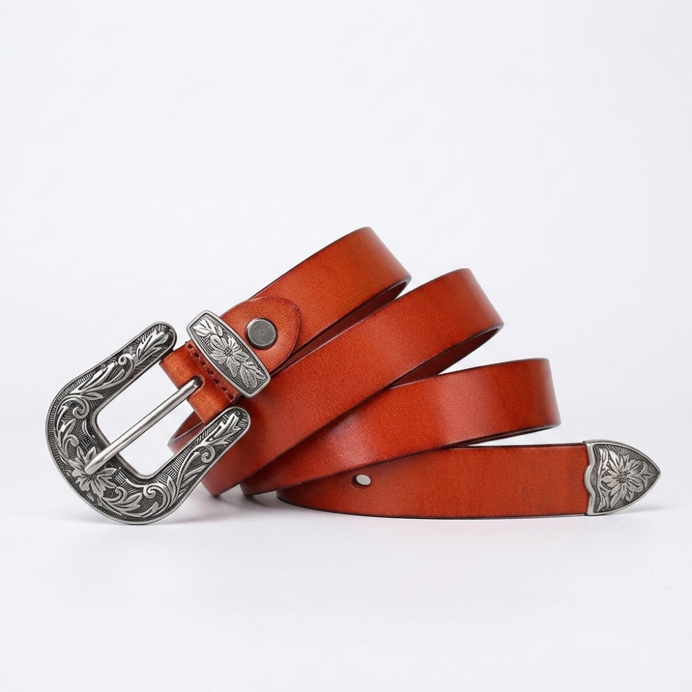 Galloway – Engraved Buckle Leather Belt — Rust