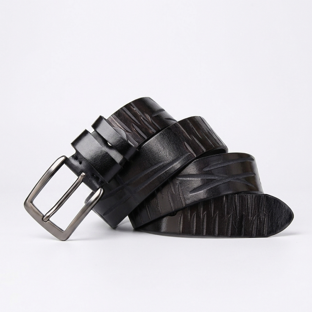 Cragford – Embossed Pin Buckle Leather Belt — Black