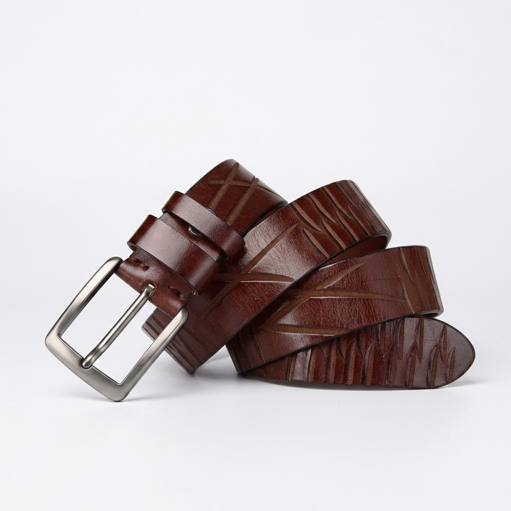 Cragford – Embossed Pin Buckle Leather Belt — Brown