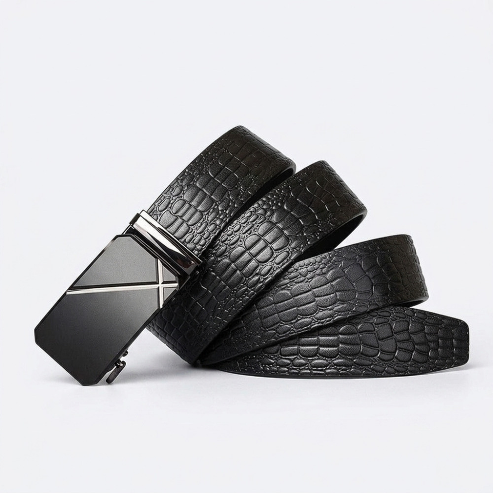 Ironwood – Crocodile-Embossed Auto Buckle Leather Belt — Black