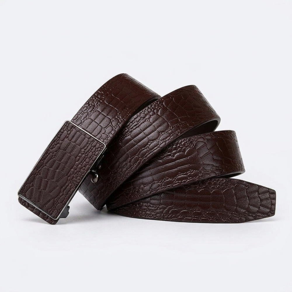 Lowland – Crocodile-Embossed Auto Buckle Leather Belt — Dark Brown