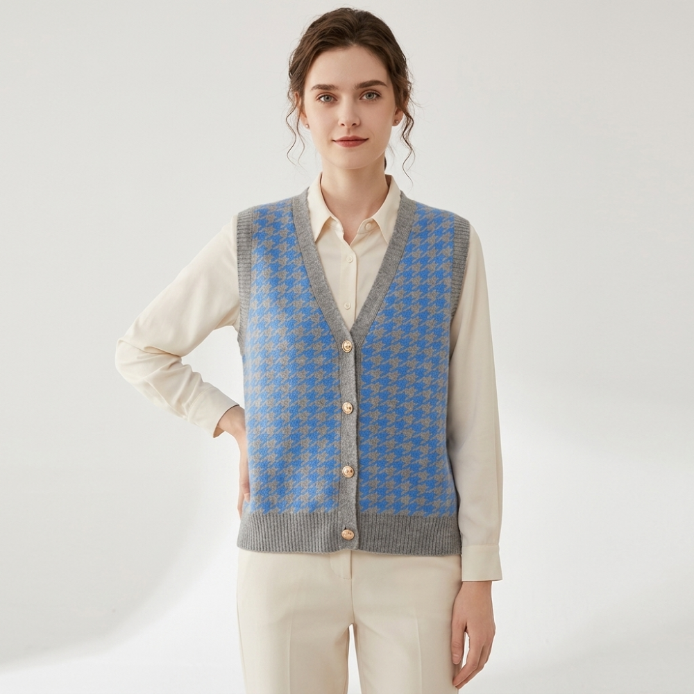 Harper - Cashmere Wool Houndstooth Vest — Blue
