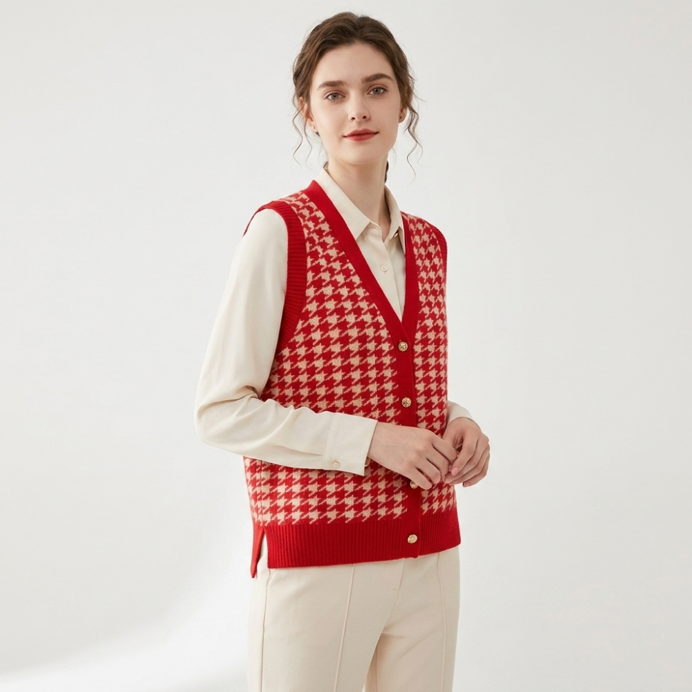 Harper - Cashmere Wool Houndstooth Vest — Red