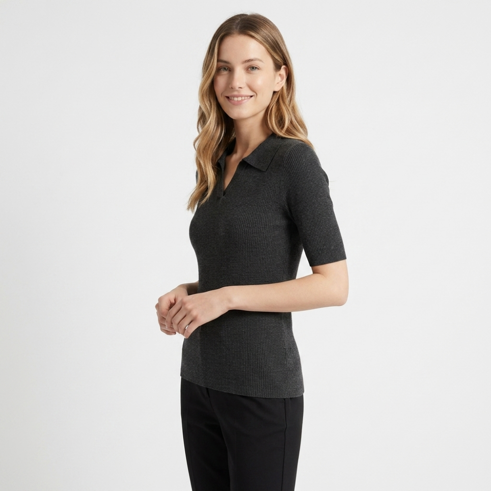Elise - Worsted Wool Polo Knit — Dark Gray