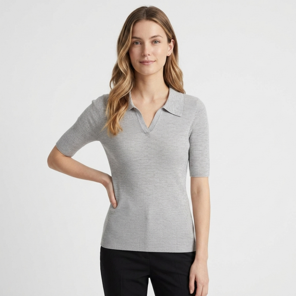 Elise - Worsted Wool Polo Knit — Light Gray