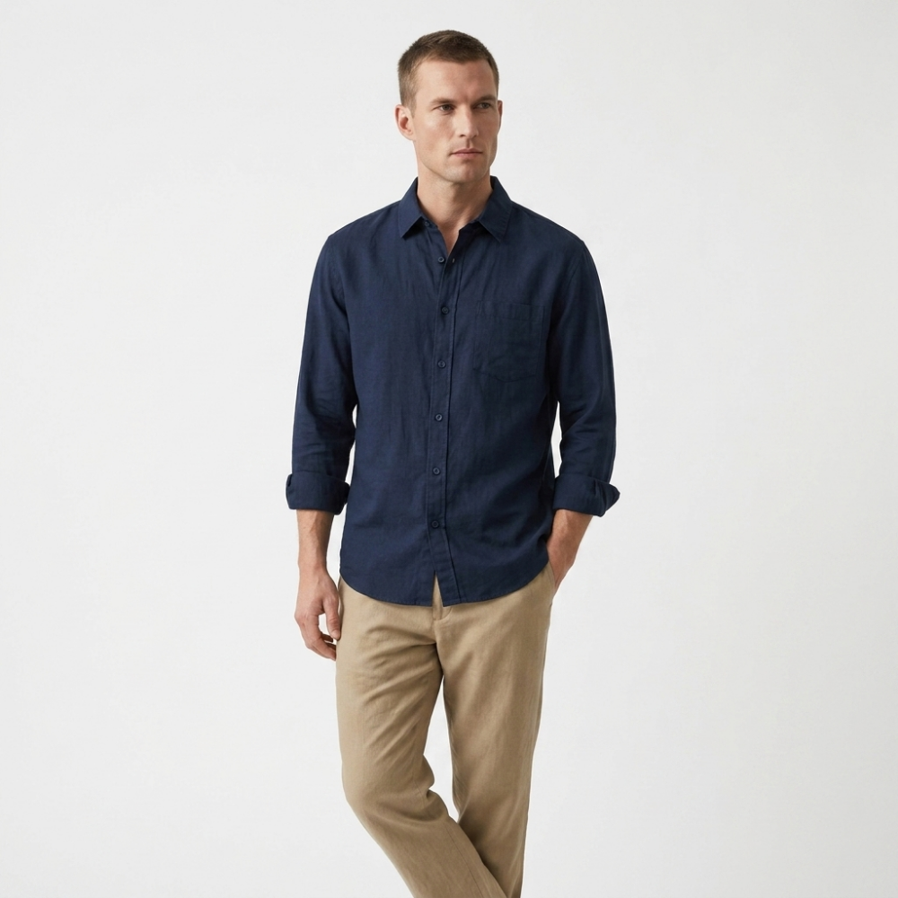 Coastline - Linen Button-Up — Navy Blue