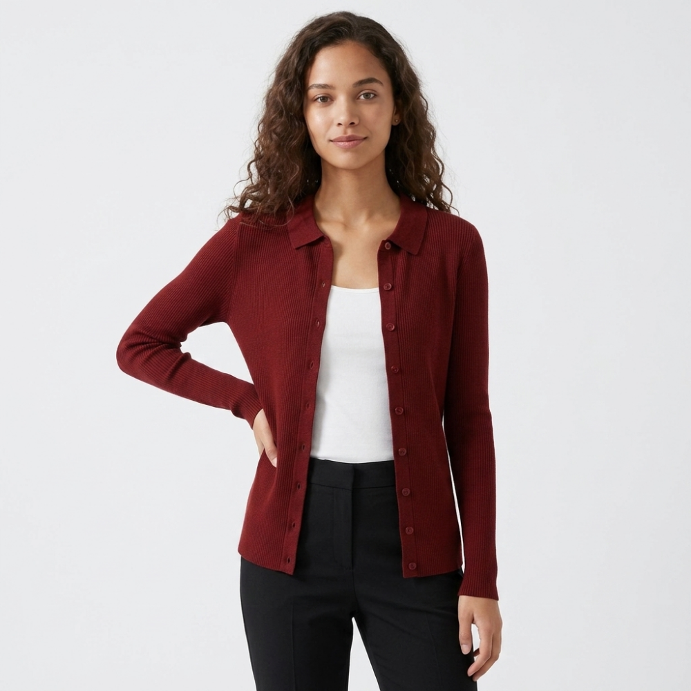 Baythread – Mulberry Silk Collared Cardigan — Wine Red