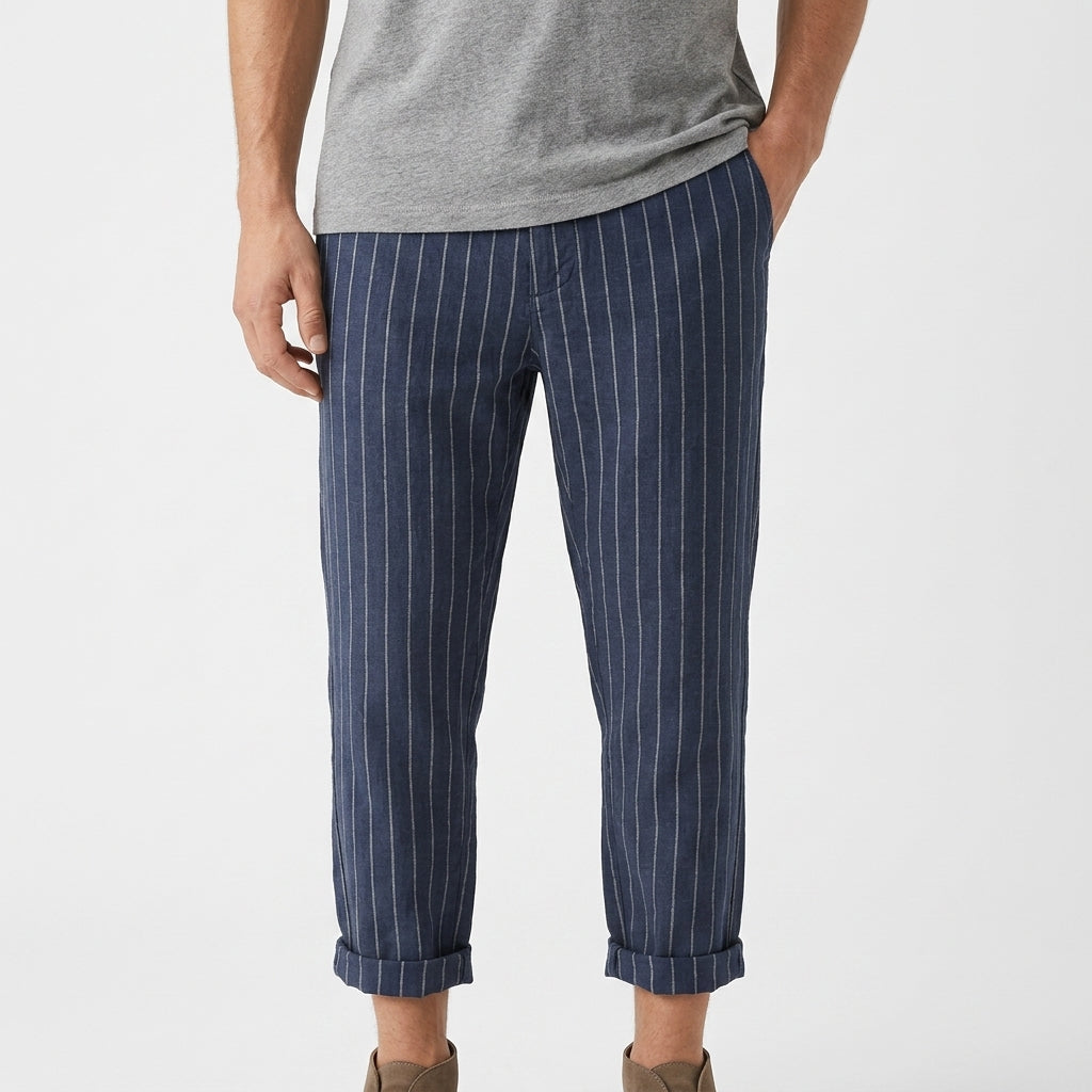 Orin – 55% Linen Piped Drawstring Cropped Trousers - Hilltop Nord
