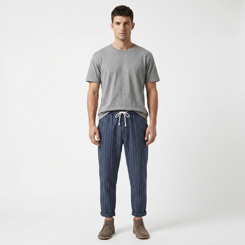 Orin – 55% Linen Piped Drawstring Cropped Trousers - Hilltop Nord