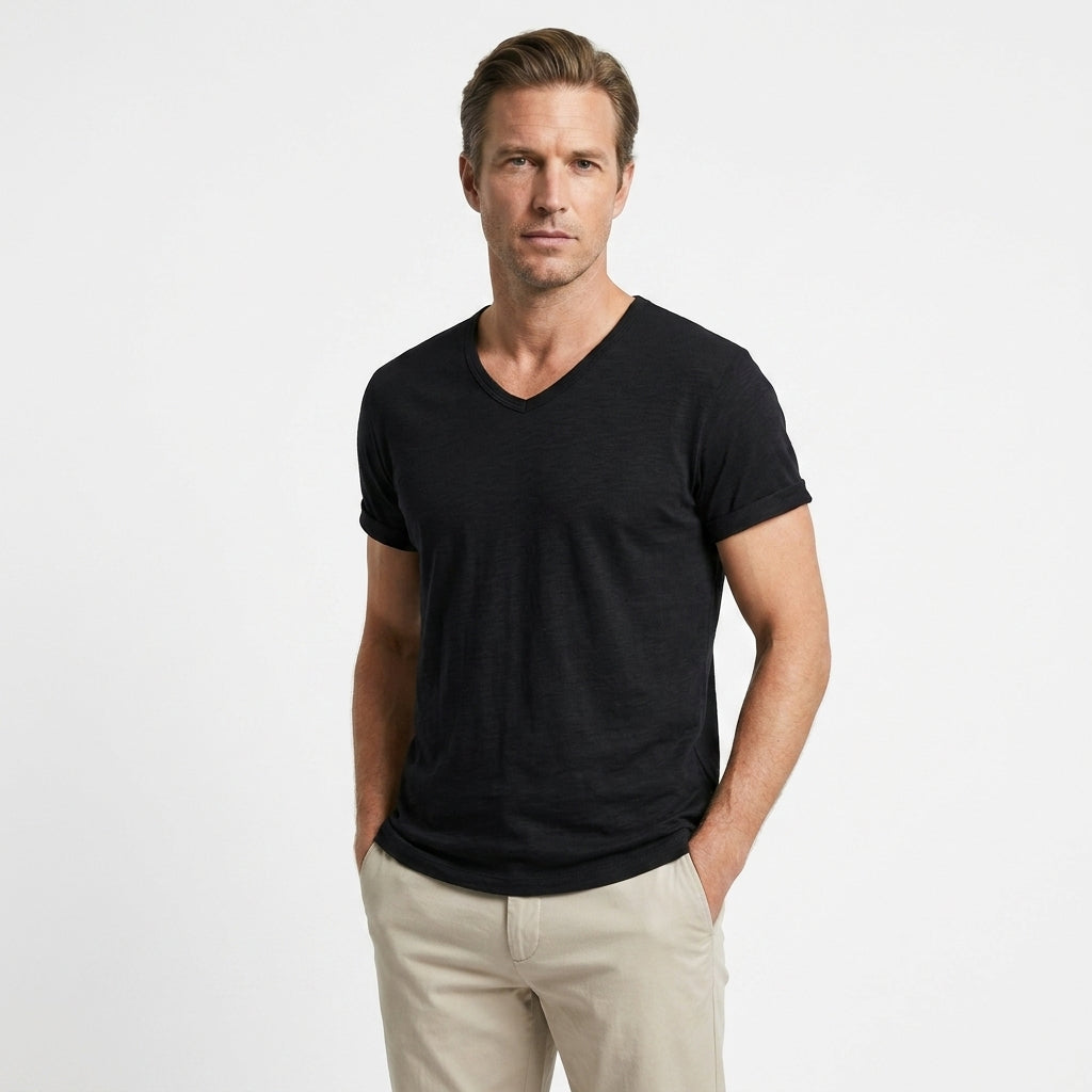 Matteo – 100% Cotton V-Neck Tee — Black