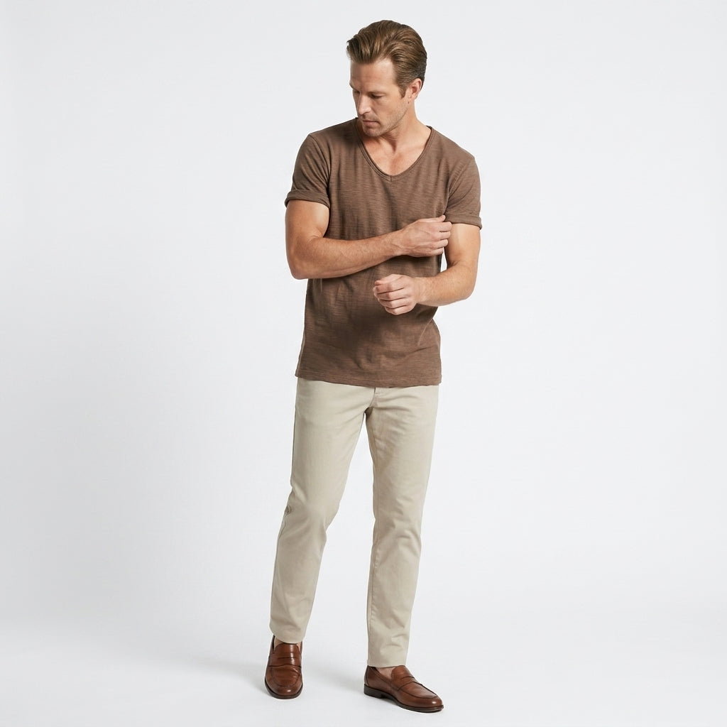 Matteo – 100% Cotton V-Neck Tee — Brown