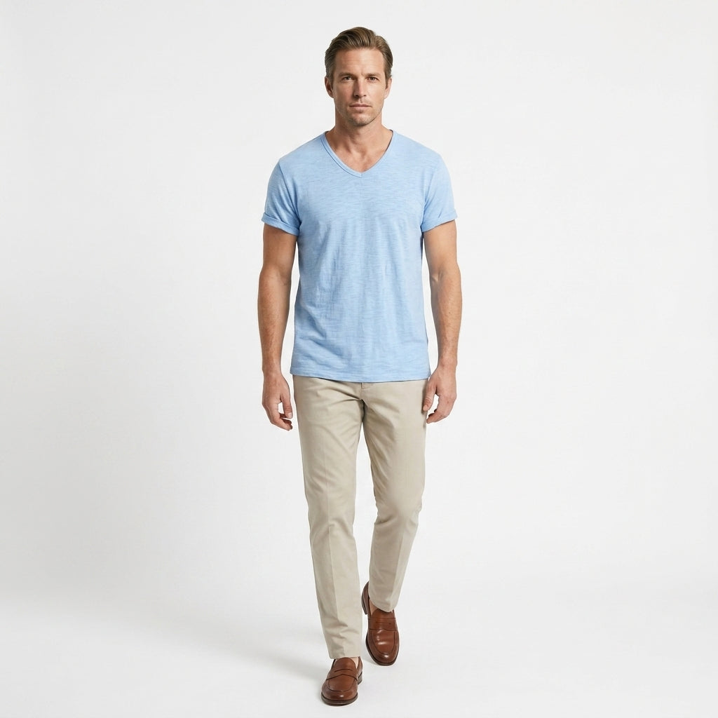 Matteo – 100% Cotton V-Neck Tee — Light Blue