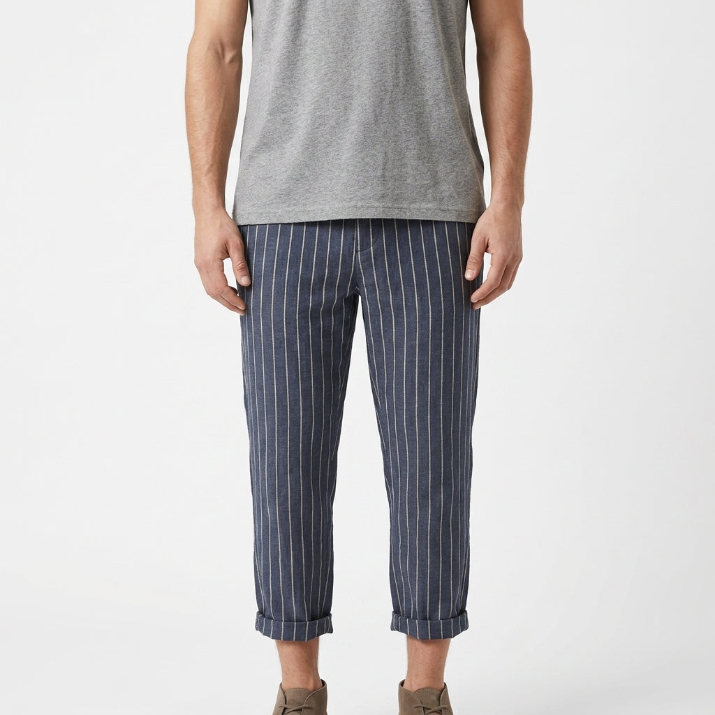Orin – 55% Linen Piped Drawstring Cropped Trousers - Hilltop Nord